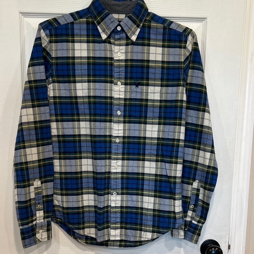 American Eagle Outfitters Navy and Green Checkered Shirt